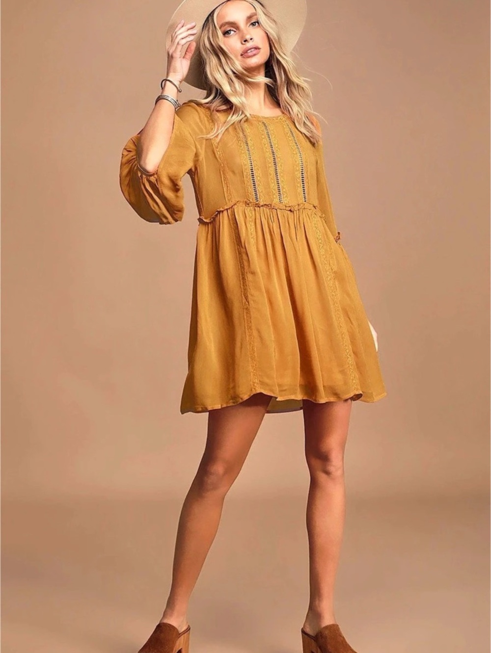 Lulus In the Meadows Mustard Yellow Crochet Lace Babydoll Dress - XXS